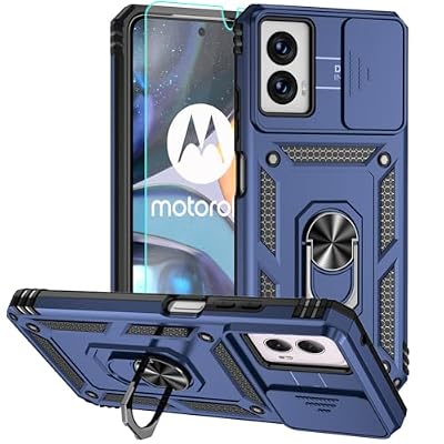 for Moto G Power 5G 2024 Case, Silicone Rubber Bumper Hard Plastic Phone Case with [Sliding Camera Lens Cover] [360° Rotatable Kickstand Ring] [HD Screen Protector] for Motorola G Power 2024 Blue