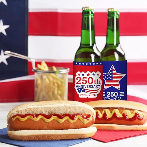 Image of Yungyan 12 Pcs 4th of July American Can Cooler Patriotic Sleeves 250th Anniversary for 1776-2026 Independence Day Red Blue USA Flag Accessories Memorial Day for Party Favors Decoration(Fashion Style)