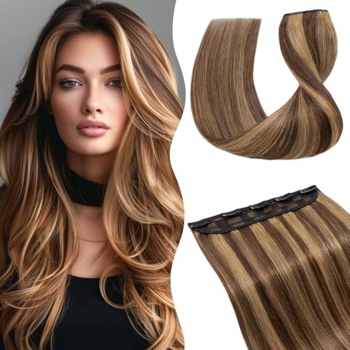 TESS Clip In Hair Extension Remy,Hair Extensions Real Human Hair One Peice 5 Clips Straight Natural Hairpieces for Womens/Girls(#4/27 Medium brown&Dark blonde,10Inch)