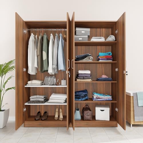 Image of VIKI Wardrobe |Wooden Almirah for 4 Door Shelves & Hanging Space Wardrobe (Brussel Walnut - 40D x 160W x 180.8H) | 1 Year Warranty | Free Assembly