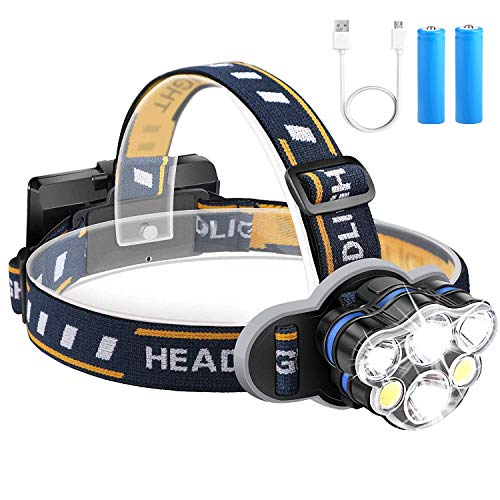 Qooner Lampe Frontale,12000 lumens ultra-lumineux 6 lampes LED phare avec des piles rechargeables USB, lampe frontale étanche à 8 modes pour le vélo camping pêche randonnée jogging