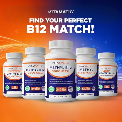 Image of Vitamatic Vitamin B12 5000 mcg - 365 Fast Dissolve Tablets Berry Flavor - Supports Energy Production & Nervous System Health - Non-GMO, Gluten-Free (Pack of 2)