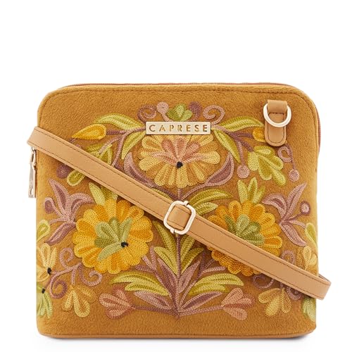 Image of Caprese Siji Tresana Small Crossbody Bag for Women | Kashida Embroidery Sling with Adjustable & Detachable Strap, Secured Zip Closure | Stylish & Spacious Handbag for Everyday Use & Travel