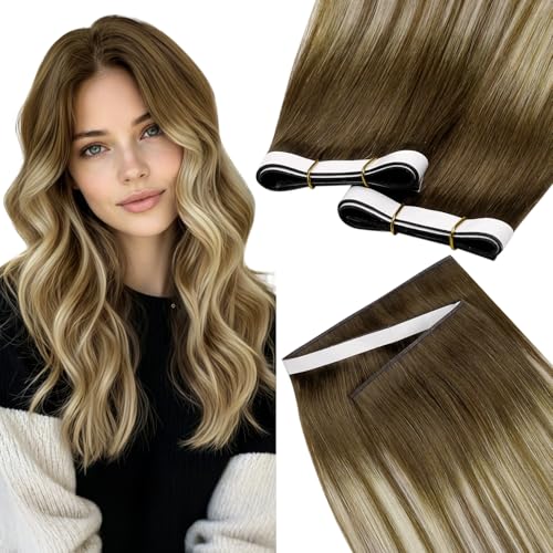 Image of LaaVoo Weft Tape Extensions Ombre Light Brown to Blonde Invisible Tape in Weft Hair Extensions Human Hair 50G Tape in Hair Extensions Balayage Brown Seamless 50G 22inch