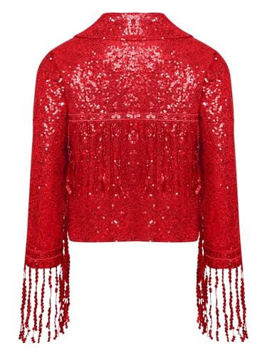 Kids Girls Open Front Sequin Fringe Jacket Shiny Tassel Hip Hop Jazz Dance Coat for Fancy Party4