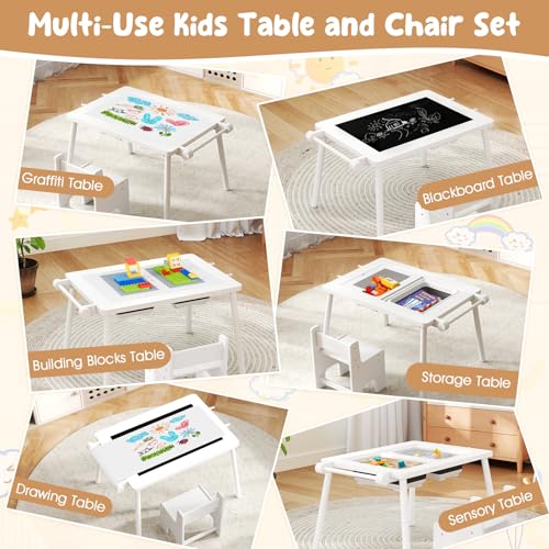 Image of Costzon Kids Table and Chair, 6 in 1 Sensory Desk Set w /Storage Bins, White & Black Board, Building Blocks and Paper Roll for Drawing & Sand Water Playing, Toddler Table and Chair Set (White)