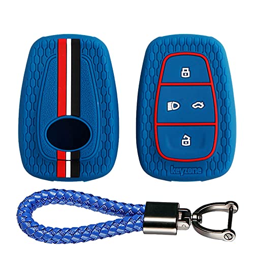 Image of keyzone Striped Silicone Key Cover & Keychain Compatible forPunch EV,Altroz,Nexon EV,Punch,Tigor EV,Safari,Tiago EV,Nexon,Harrier,Tiago,Tigor 4 Button Smart Key (Blue with Blue LT Keyring)