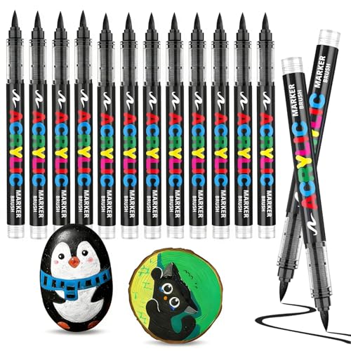 VAKKI 12 Noir Feutre Acrylique, Stylos Acryliques Liquide Direct Acrylic Paint Marker Coloriage pour Adultes, Marqueur Acide Acrylique Pour Coloriage, Pierre,...
