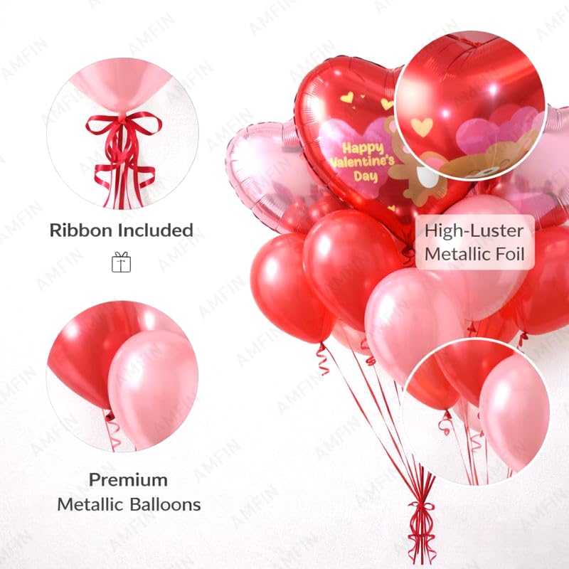 Image of AMFIN (Pack of 9) Happy Valentine's Day Balloon Decoration Set | Romantic Heart Foil Bouquet Metallic Helium Bunch Proposal Anniversary Celebration Party Decor - Red Teddy