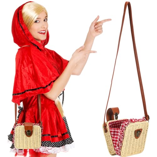 Abbylike Wicker Basket Crossbody Rattan Bag Clutch Gingham Picnic Basket Costume Accessory Women Boho Bag Clutch Woven Handbag Woven Straw Handbag for Halloween Costumes