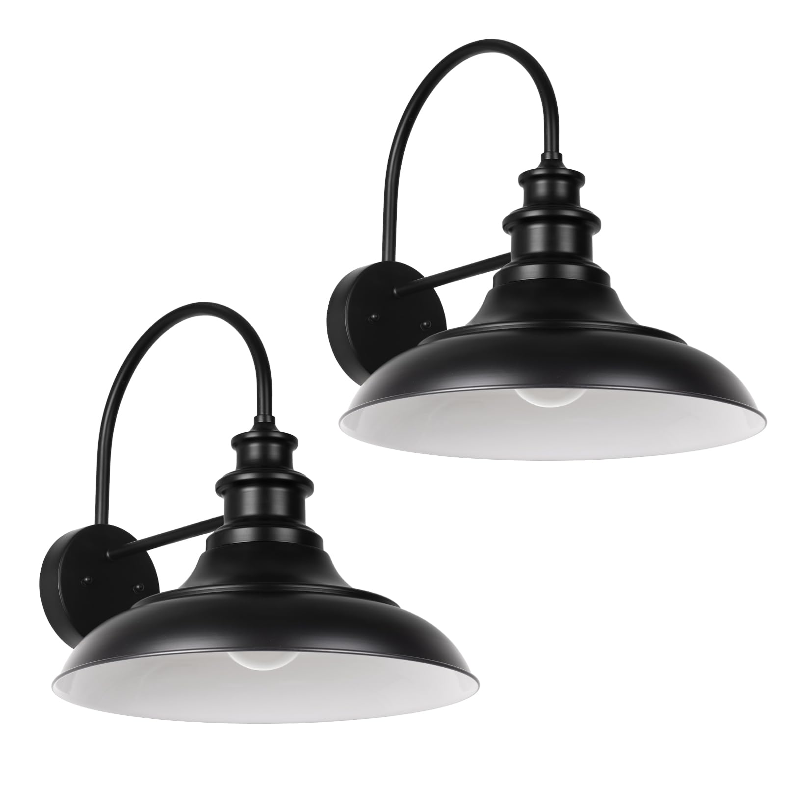 Outdoor Barn Light Fixtures, 12.3 Inch Large Dome Farmhouse Exterior Wall Mount Lights, Gooseneck Wall Sconce Indoor Wall Lighting, Industrial Black White Finish Lanterns for Porch, RZ004-2 BK+WH