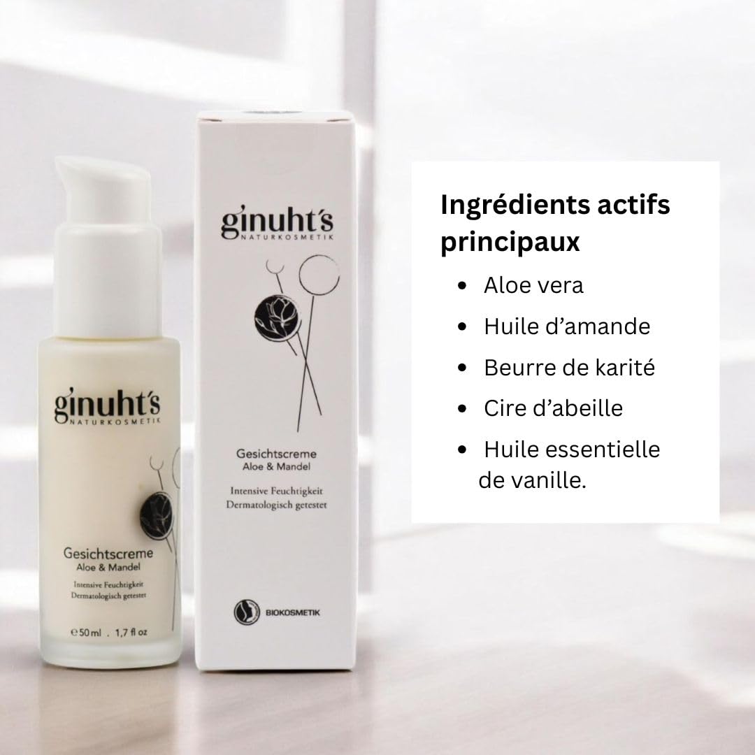 ginuht's NATURKOSMETIK Gesichtscreme 100% Bio für intensive Feuchtigkeit | Schnell einziehende Feuchtigkeitscreme für das Gesicht | Entzündungshemmende Tagescreme mit Aloe Vera & Mandelöl (50ml)