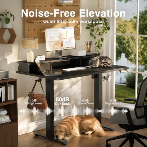 Image of Veken 47x28 in Electric Standing Desk with Drawers, Adjustable Table, Black | Stand up Computer Desk for Home Office, Work & Study, with Storage, 3 Memory Presets, Cable Organizer, Hook, and Quiet Lift.