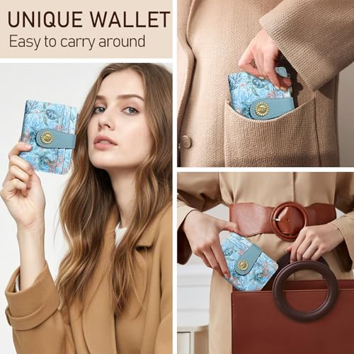 Image of Kelvoris Sea Turtle Small Rfid Women Wallet Bifold Zipper Coin Pocket | PU Leather Compact Cash Credit Card Holder Travel Purse for Female Ladies Teen Girls 1 ID Window 10 Card Slots