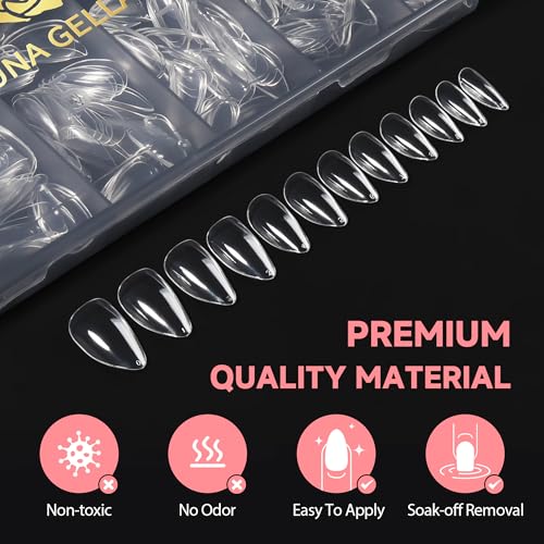 Image of UNA GELLA Short Almond Nail Tips, 504PCS Long Lasting Short Almond Soft Gel Full Cover Nails Tips False Nails Clear Acrylic Gelly Tips for Acrylic Nail Extensions Press On Nails, 12 Sizes