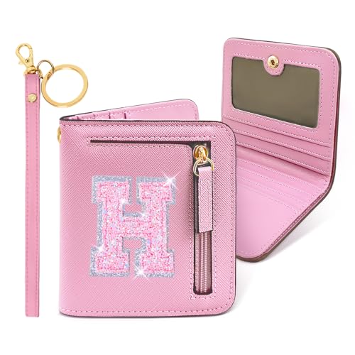 Image of COSHAYSOO Initial Wallet RFID Small Bifold Slim Letter Wallet for Women Teenager Girls Travel Daily Necessities Credit Cards Money Cash Coin Organizer, Pink, Compact, H