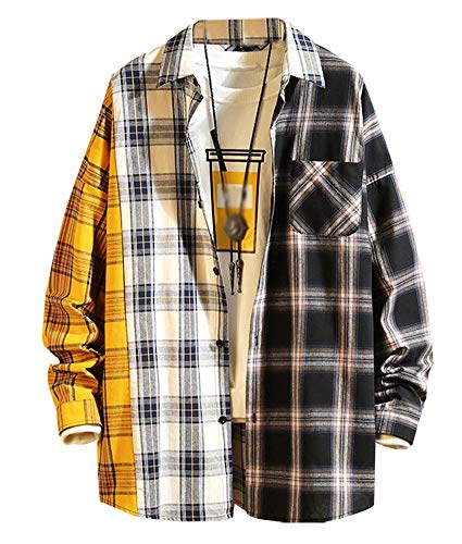 LifeHe Men's Women Patchwork Plaid Shirt Jacket Oversized Button Down Boyfriend Long Sleeve Blouse Shirts Top White