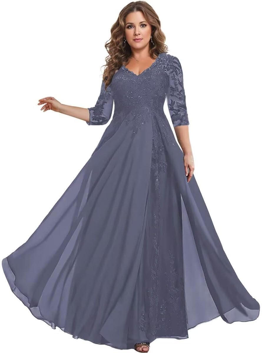 Women's Chiffon V Neck Mother of The Bride Dresses for Wedding Long Lace Applique Formal Evening Gowns with 3/4 Sleeve PG047