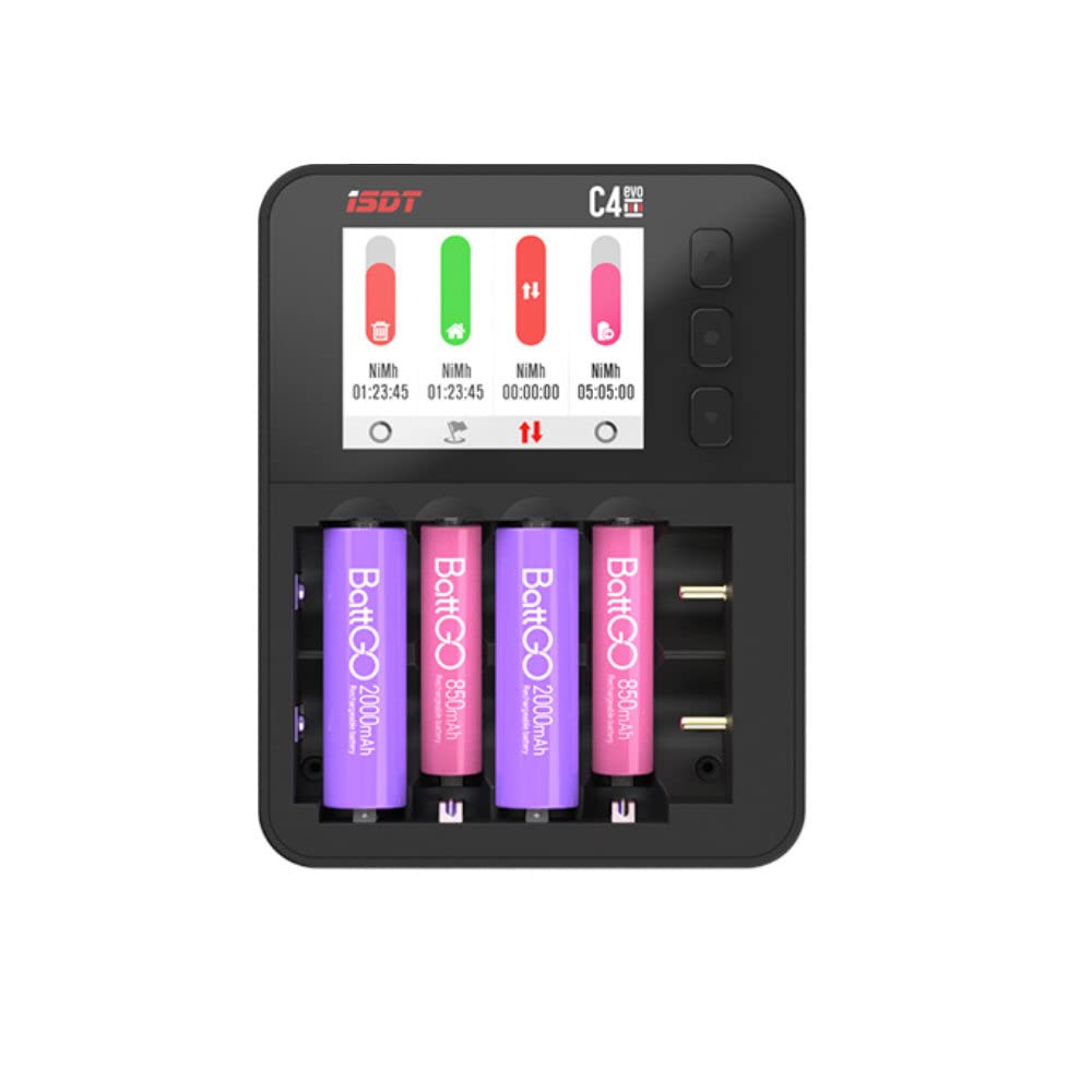 ISDT C4 EVO Smart Battery Charger with Type-C QC3.0 Output for AA AAA Li-ion Battery with IPS Display Screen and Fire Prevention