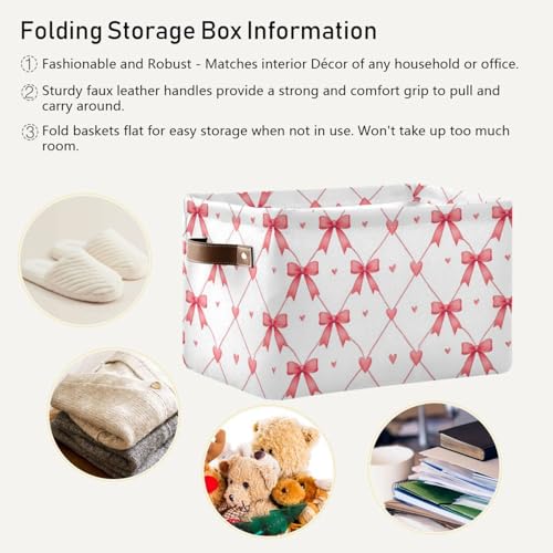 Image of Aslsiy Storage Basket Watercolor Pink Bows Hearts Nursery Bins Baby Box Canvas Clothes Shelf Basket Laundry Hamper 1 Pcs