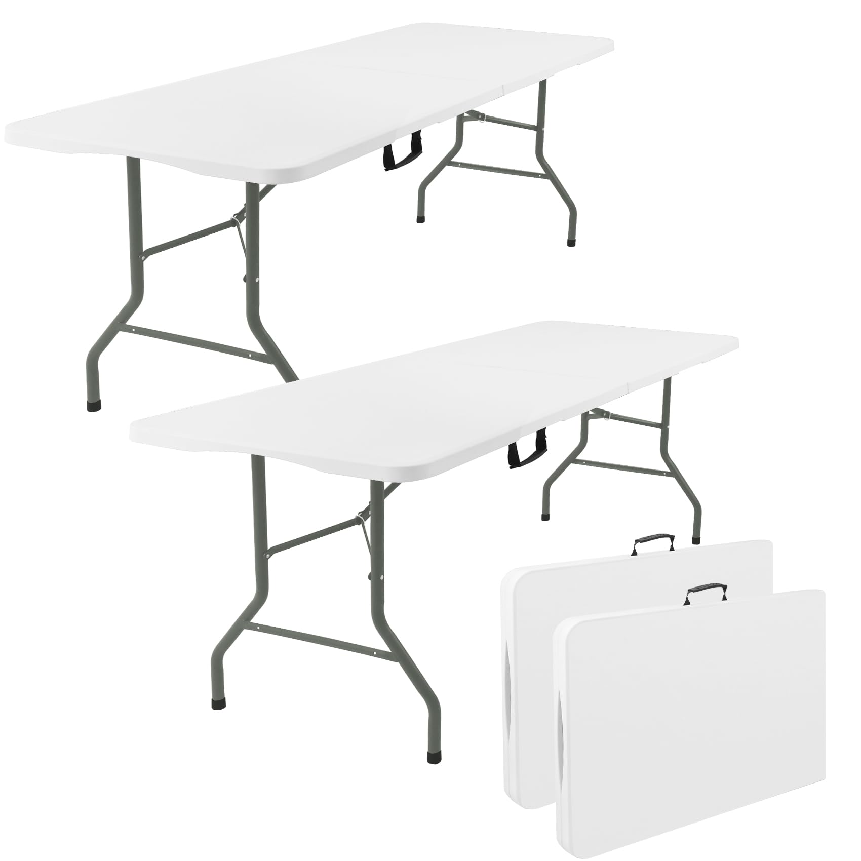 fivenl 2 pack 6 feet portable folding table white, steel legs fold-in-half with carrying handle rectangular plastic foldable table for party, wedding, camping, picnic, dining, indoor outdoor events