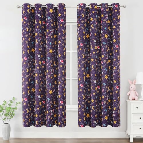 Image of Star Moon Unicorn Purple Blackout Kids Curtains 72 Inch for Girls Bedroom | Estelar Textiler Rainbow Planet Light Blocking Curtains,Grommet Thermal Insulated Drapes for Nursery,2 Panels,52Wx72L Inch