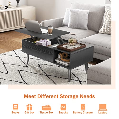 Image of Sweetcrispy Coffee Table Lift Top Coffee Tables for Living Room,Small Rising Wooden Center Tables with Storage Shelf and Hidden Compartment, Black