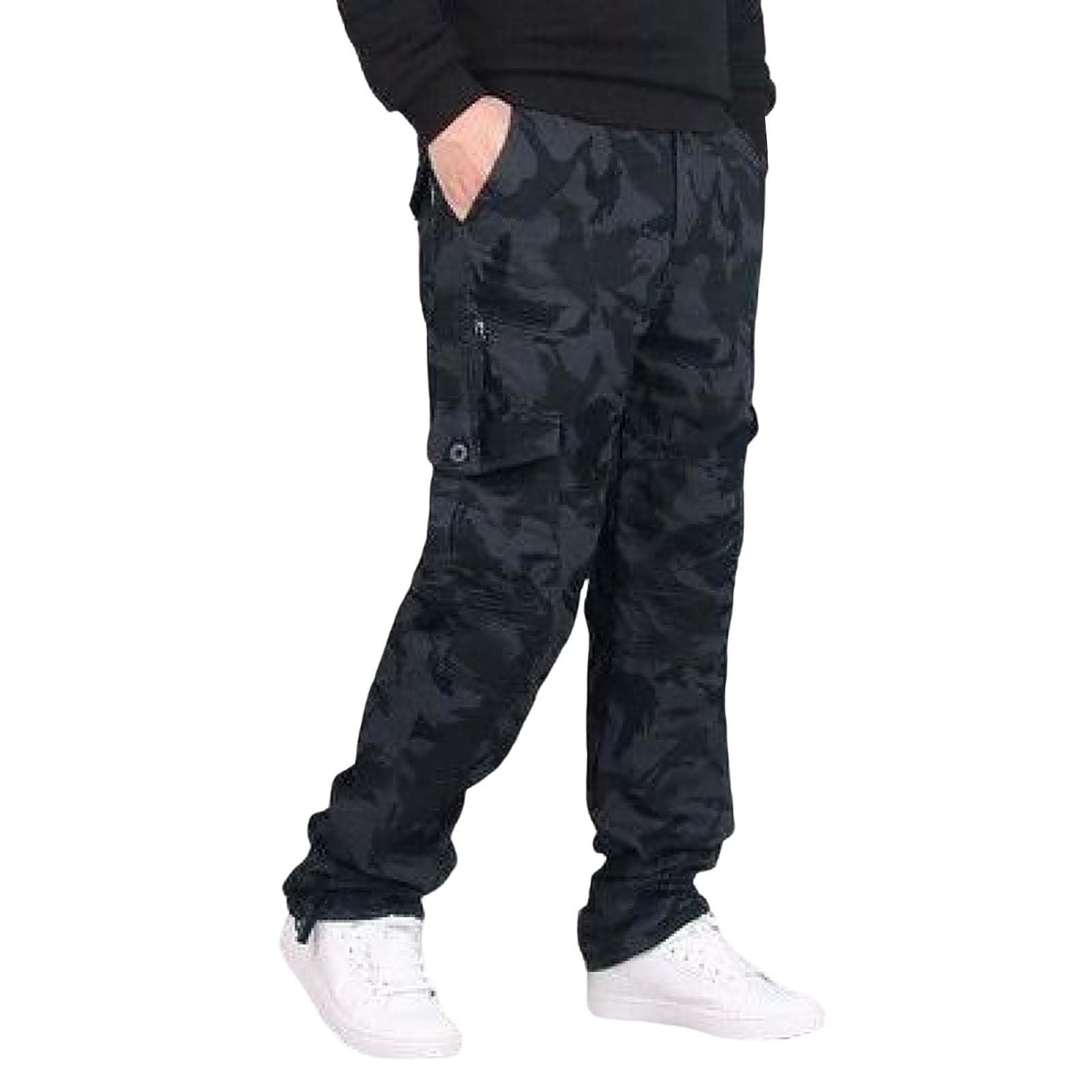 Pantalones térmicos con forro polar para hombre, cintura elástica, pantalones casuales cargo de invierno para hombre