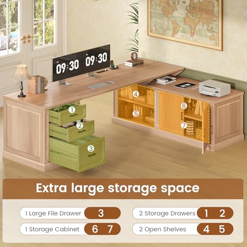 Image of SEDETA Farmhouse L Shaped Desk with Drawers, 70.9 inch Home Office Desk with Storage Cabinet and Storage Shelves, L Shaped Computer Desk with Power Outlet,Oak