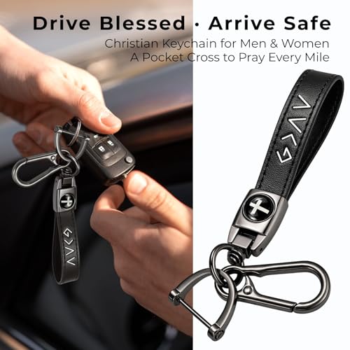 Image of Christian Cross Leather Keychain for Men - Christian Gift for Dad Husband Son