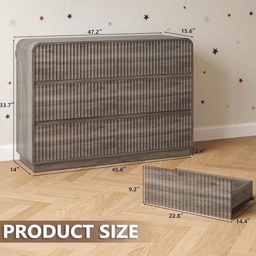 Image of BORNOON Dresser for Bedroom with 6 Drawers, Fluted Chest of Drawers with Round Curved Corner, Hidden Handles, Modern Wood Storage Organizer for Bedroom, Nursery, Living Room