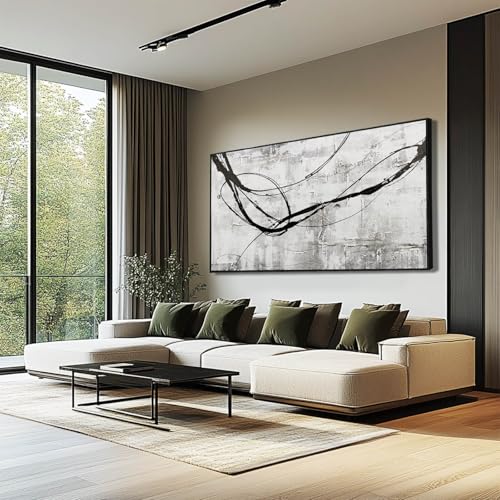 XIANSHOU Black Line Canvas Pictures Gray Decorative Painting 29'x58' Wood Wall Art Modern Art Prints Abstract Wall Art for Living Room Wall Pictures for Bedroom