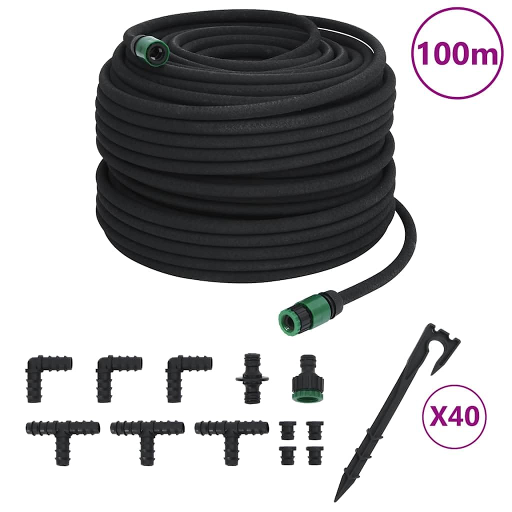 vidaXL Tropfschlauch, Bewässerungsschlauch mit Zubehör für Garten, Gartenschlauch für Bewässerung, Wasserschlauch Schlauch, Schwarz 0,6" 100m Gummi
