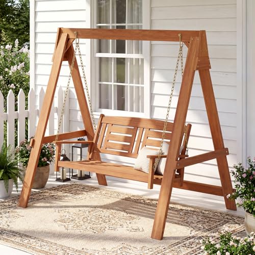 Image of Tangkula 2-Seater Porch Swing with Stand, Wood Patio Swing Loveseat Chair with Adjustable Chains, Built-in Backrest & Armrests, Outdoor Swing Bench Set for Garden, Backyard & Poolside
