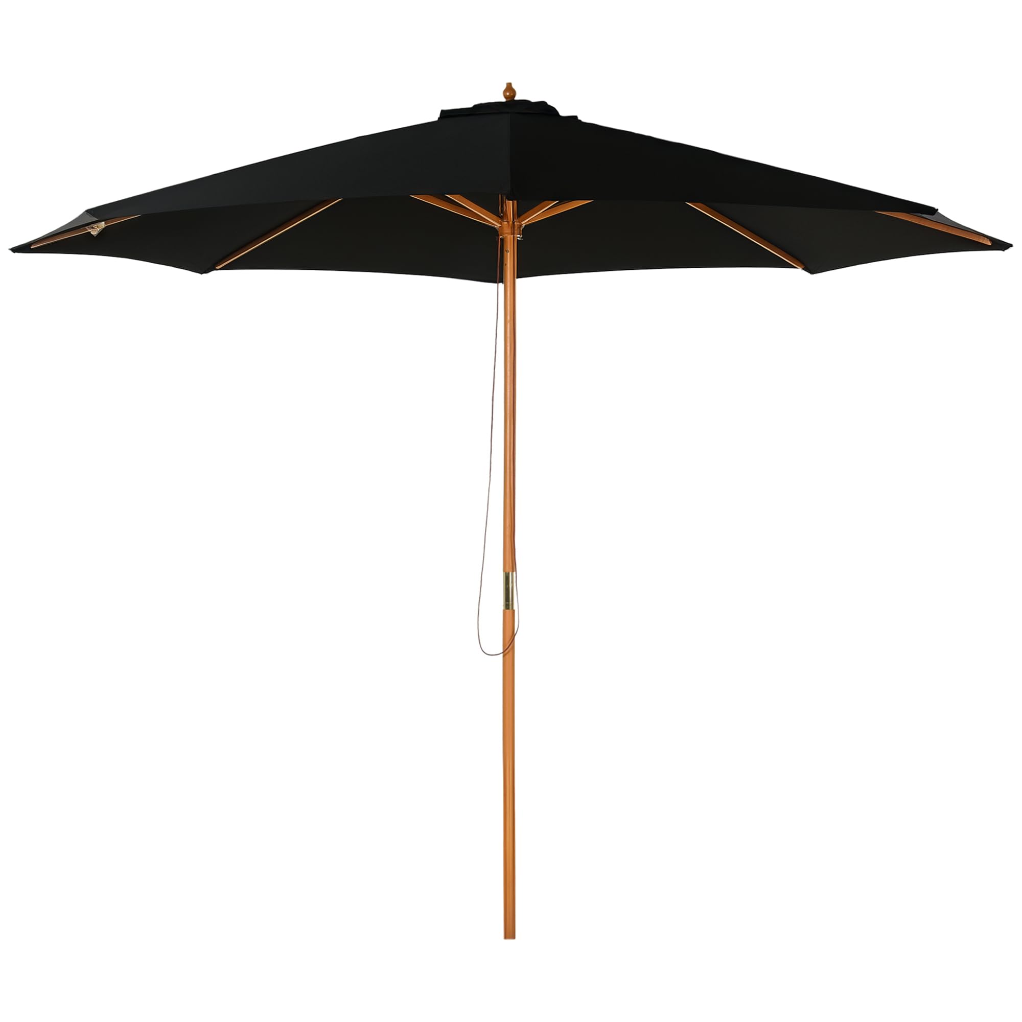 Outsunny Black 3(M) Garden Parasol, Pulley Operated Patio Umbrella, Wooden Parasol, Table Market Umbrella With Rope Pulley Mechanism And 8 Ribs,