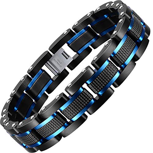 Holizaly Men's Stainless Steel Two Tone Square Link Bracelet, Black and Blue Ion Plated Black