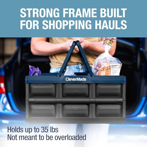 Image of CleverMade Collapsible Shopping Basket 32L - Folding Grocery Basket with Handles, Stackable Reusable Storage Crate with 35 lb Capacity, Recycled Plastic, Car Trunk Organizer - Ocean Blue