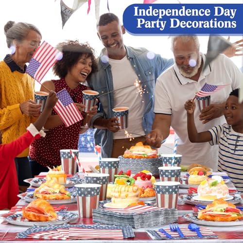 452 pcs veterans day party supplies for 50 guests american flag patriotic paper plates napkins cups tablecloth cutlery straw white red and blue tableware for veterans day party decoration