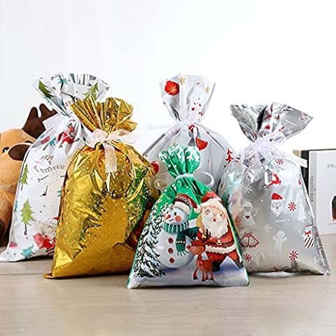 JunmeUir 30pcs Christmas Drawstring Gift Bags,Assorted Christmas Bags Wrapping Bags, Christmas Goodie Bags with Wrapping Name Tags for Wrapping Holiday Christmas Party Cover