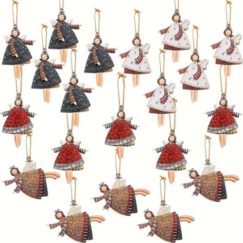 YUVKIN 20 Pezzi Decorazioni Natalizie Angeli in Legno per Albero di Natale, 4 Design Addobbi Natalizi da Appendere, con Rotolo di Corda, per Natale e Feste