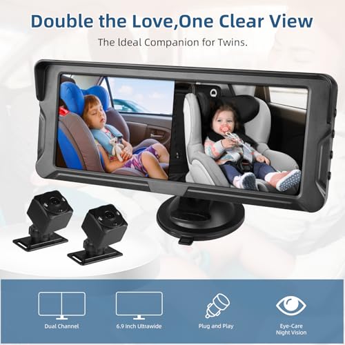 Cámara de coche para bebé de visión nocturna con monitor de 6.9 y doble cámara de asiento trasero 5