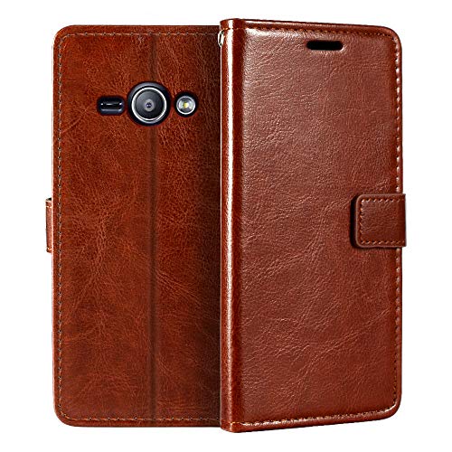 Shantime Leather Case Compatible with Samsung Galaxy J1 Ace Duos, Business Design Magnetic Flip Cover with 3 Card Slots, Photo Frame, and Hidden Wallet(Brown)
