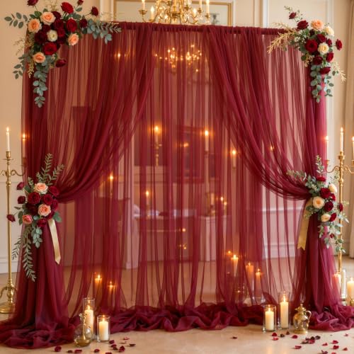 20x10FT Burgundy Sheer Tulle Backdrop Curtains for Wedding Parties,4 Pack Photo Backdrop Curtains Ceiling Drapes for Birthday Baby Shower,Arch Fabric Background with Rod Pocket for Home Decorations