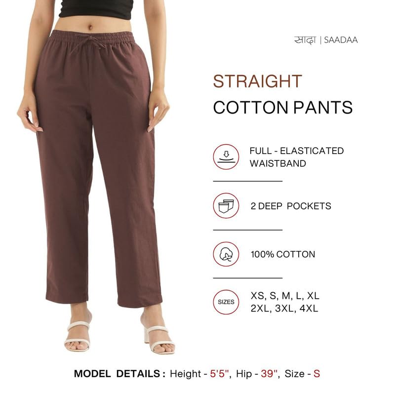 Image of SAADAA Cotton Straight Pants for Women | Breathable Everyday Wear Trousers | Drawstring, Deep Pockets & Elastic Waistband | Casual & Comfortable Fit