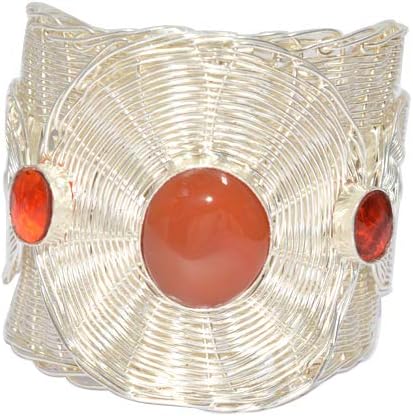 Handmade Design Natural Agate Red Quartz Gemstone Silver Plated Cuff Bracelet