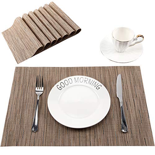 PABUSIOR Placemats, Beige Table Mats Set of 12 Washable, Easy to Clean Non-Slip Woven Vinyl Placemats for Dining Table (12 X 18 Inch)