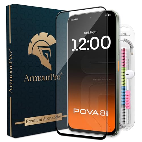 Image of ArmourPro Military-Grade Tempered Glass for Tecno Pova 8-9H Anti Scratch, Edge-to-Edge Coverage, HD Clarity, Smooth Touch, Case Friendly, Easy Installation Kit with Cable Protector