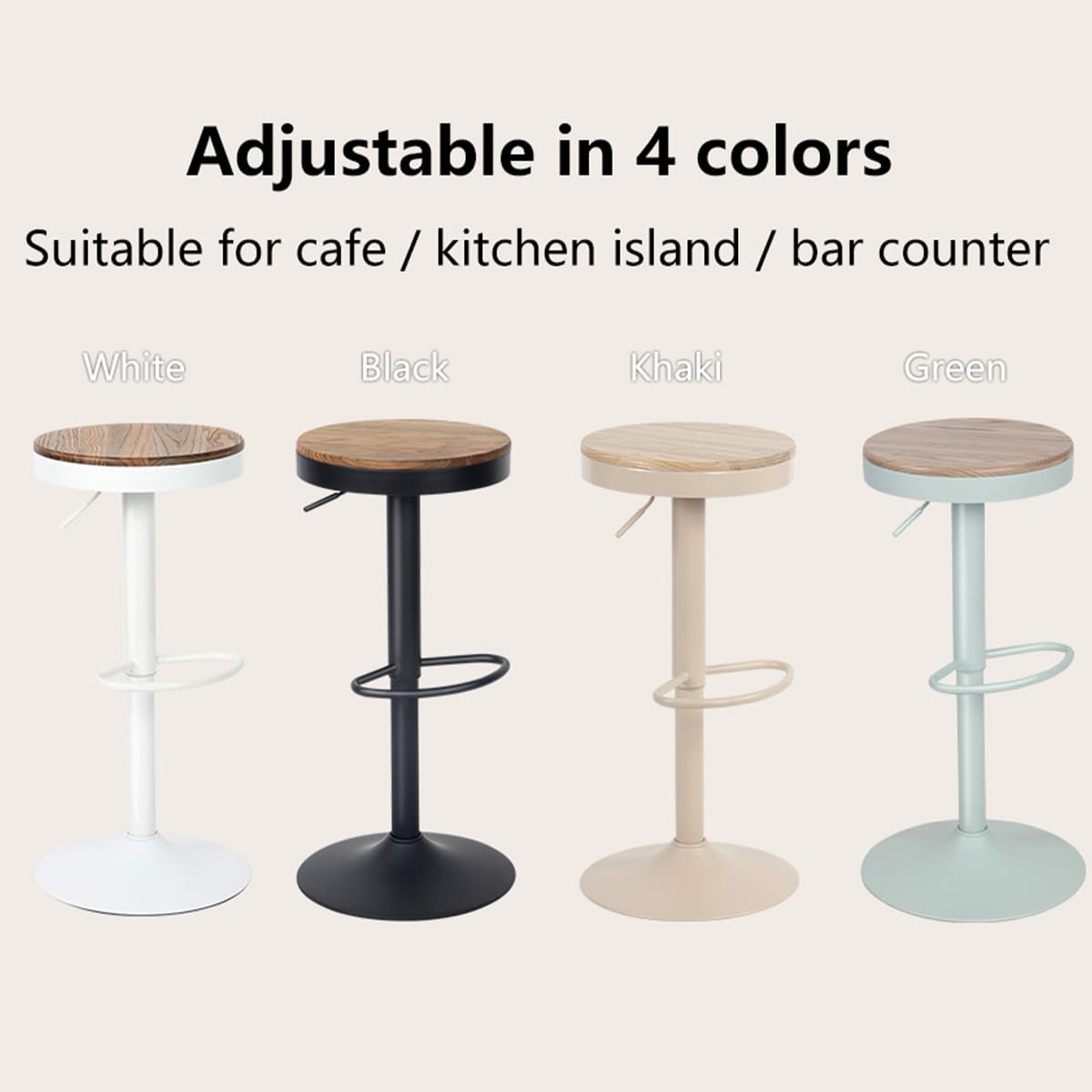 YOUNIKE Taburete de Bar Juego de 2 Taburetes de Bar de Madera Silla de Bar Alta Estructura Metálica Giratoria 360° con Reposapiés Industrial Caqui