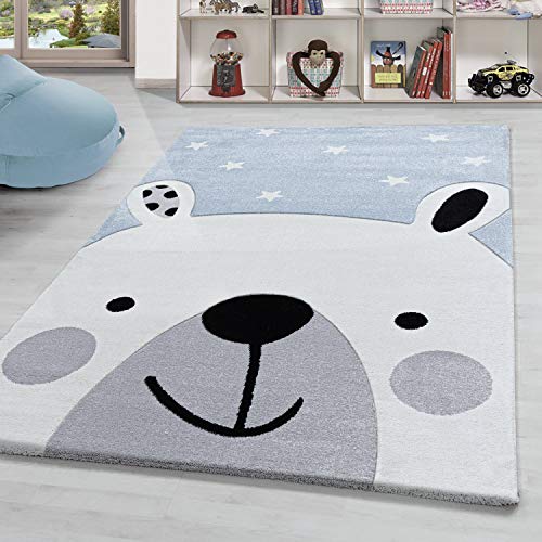 Tapis pour chambre d'enfant Motif ourson Bleu et blanc 120 x 170 cm Cover