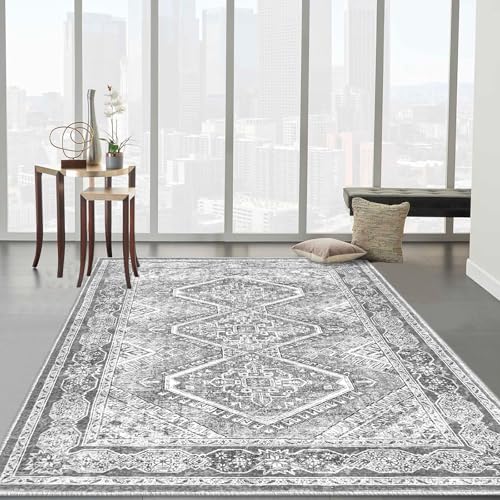 KUTA Vintage Area Rug 4x6 Living Room, Washable Rugs Printed Oriental Distressed Tribal Grey, Non-Slip Dining Room Carpet, Extra Soft Low Pile Cozy Throw for Bedroom Kitchen Nursery